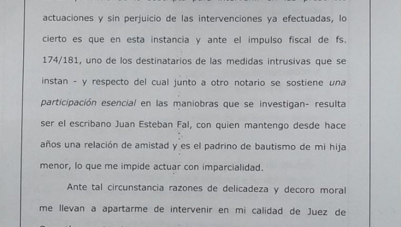 Terrenos: se excus la jueza de Garantas San Romn por su amistad con un escribano implicado en la causa